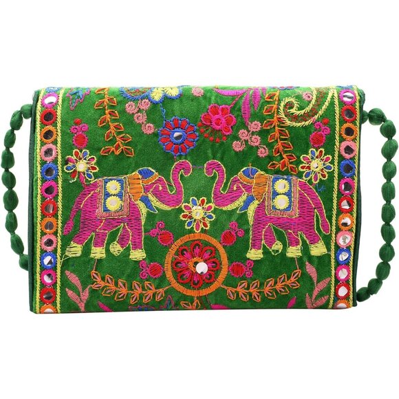 Rajasthani Embroidered Clutch Bag for Women Mini Crossbody Green Wedding Purse - Picture 2 of 6